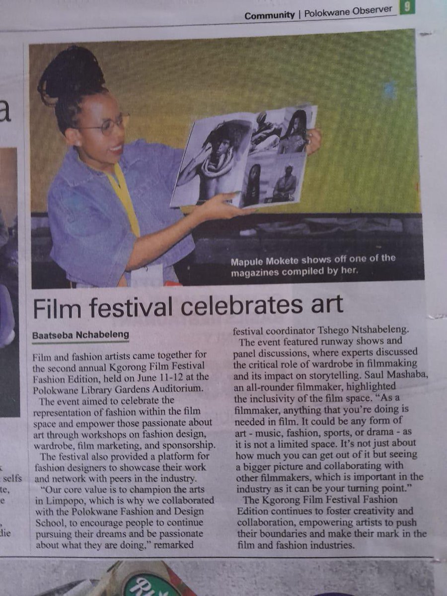 KgorongFilmFest's tweet photo. Grateful to see Kgorong Film Festival :Fashion Edition featured in the  📰🗞️
@PolokwaneObserv 

Thank you for the love, support and capturing of these incredible stories. 
#KgorongFilmFestival  #KFF2024 #FashionEdition https://t.co/t57JBc1o4G