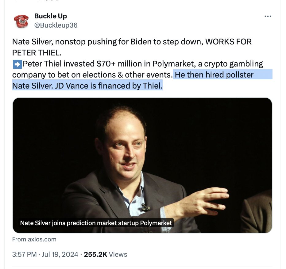 Nate Silver, nonstop pushing for Biden to step down, WORKS FOR PETER THIEL.  ➡️Peter Thiel invested $70+ million in Polymarket, a crypto gambling  company to bet on elections & other events. He