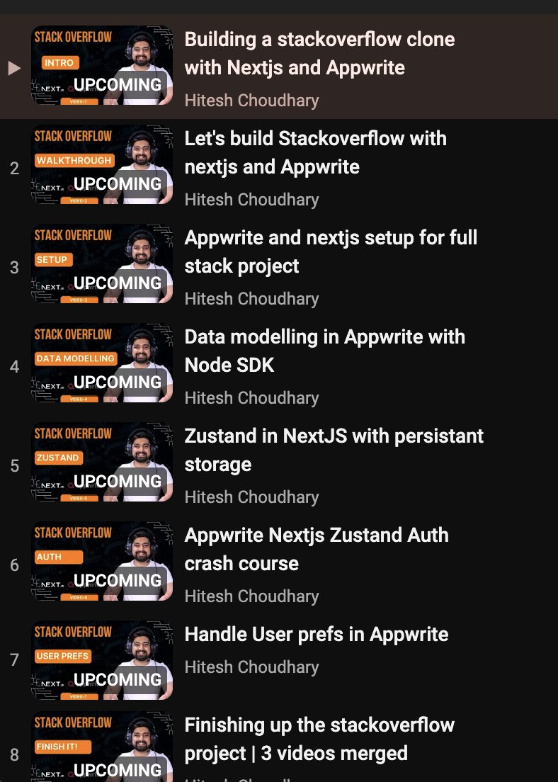 Hiteshdotcom's tweet photo. Complete playlist is up on English Channel to build a complex project using NextJS and @appwrite . It's a 10 part series, compressed into 8 video. We will use Node SDK of Appwrite and will spin everything from code, models, buckets, indexing, everything. We will use @magicuidesign , @aceternitylabs  UI, Zustand and so much more in this project. Code is highly reusable in any project that you will build in future and is available on my Github. Seach "Hitesh Choudhary" on youtube and enjoy the week with this project.
Let's build all features for Stackoverflow and you can take this project to next level for personal portfolio Project.
Happy coding with Tea.