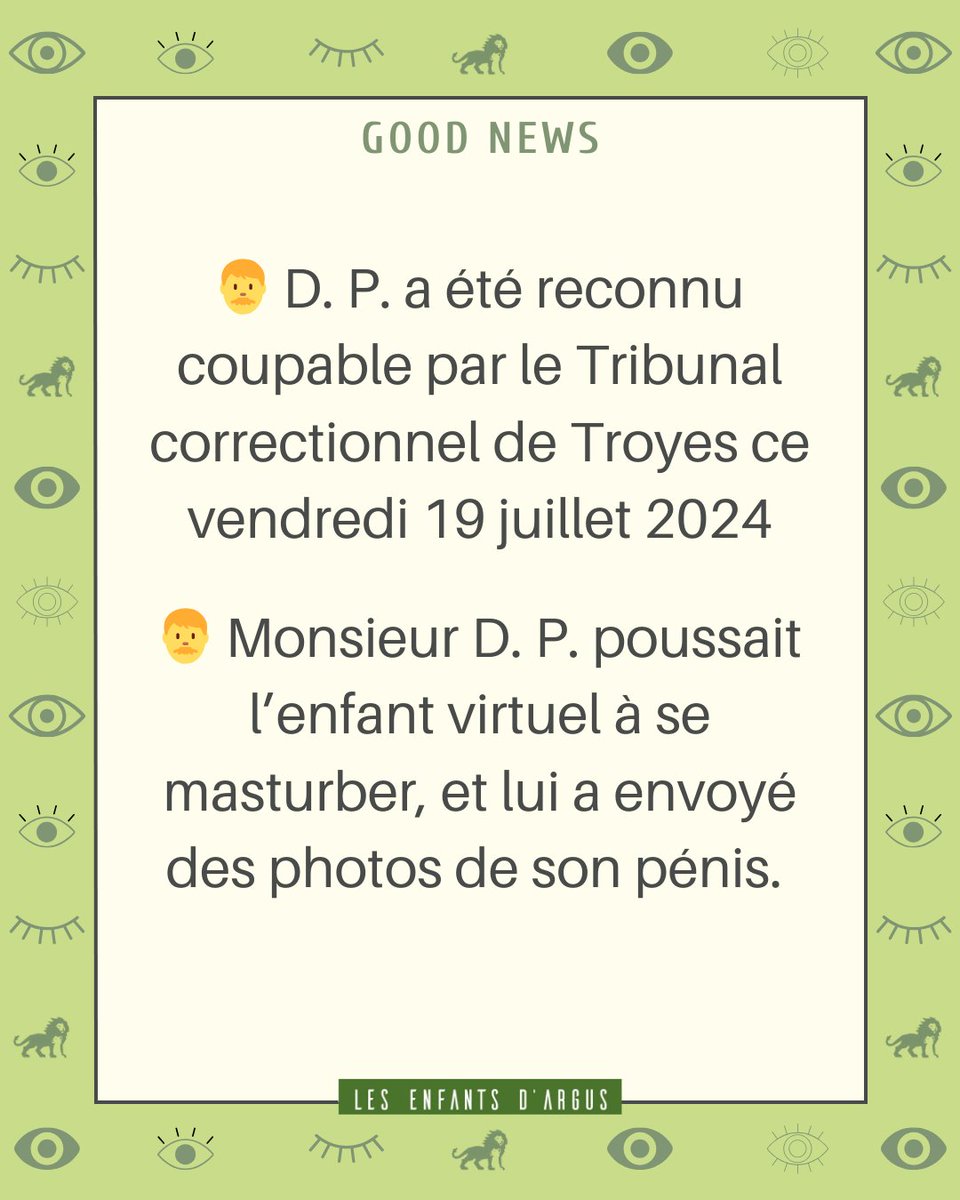Enfants_dArgus's tweet photo. 🥳 Une nouvelle victoire pour les Enfants d’Argus 🤜🏼🤛🏼

🚨 Un pédocriminel condamné à Troyes !

👨 D. P. a été reconnu coupable par le Tribunal correctionnel de Troyes ce vendredi 19 juillet 2024. https://t.co/VkNFPu7jV0