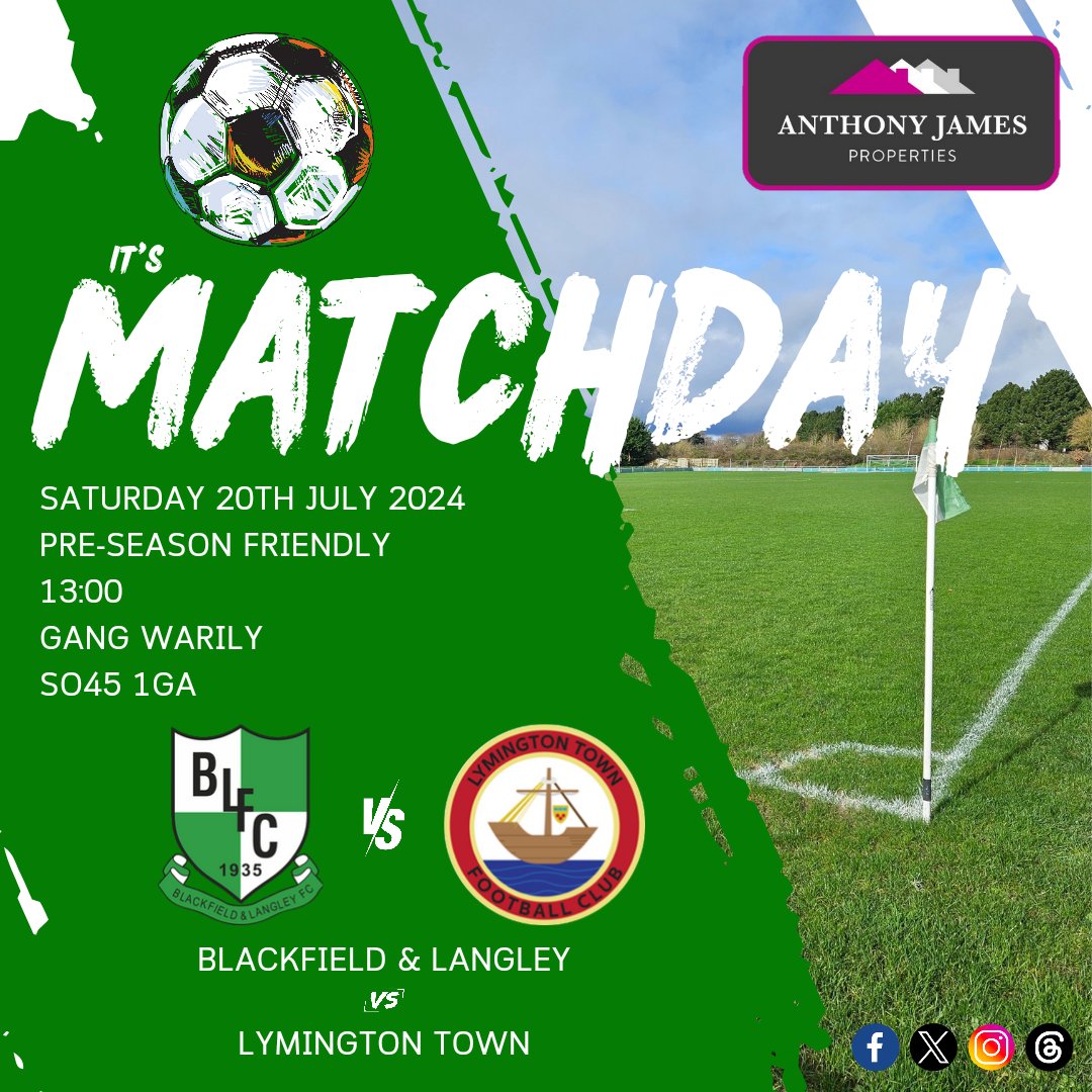 📢 | 𝐈𝐭'𝐬 𝐌𝐚𝐭𝐜𝐡𝐝𝐚𝐲

📆 Saturday 20th July 2024
⚽️ Pre-Season Friendly
🕐 13:00
🆚️ <a href="/lymingtontownfc/">Lymington Town FC</a> 
🆓️ Free Entry
🏟 Gang Warily
📍 SO45 1GA
📲 Socials Sponsor • Anthony James Properties 
💻anthonyjamesproperties.co.uk

#𝙐𝙥𝙏𝙝𝙚𝙒𝙖𝙩𝙚𝙧𝙨𝙞𝙙𝙚𝙧𝙨 🟩