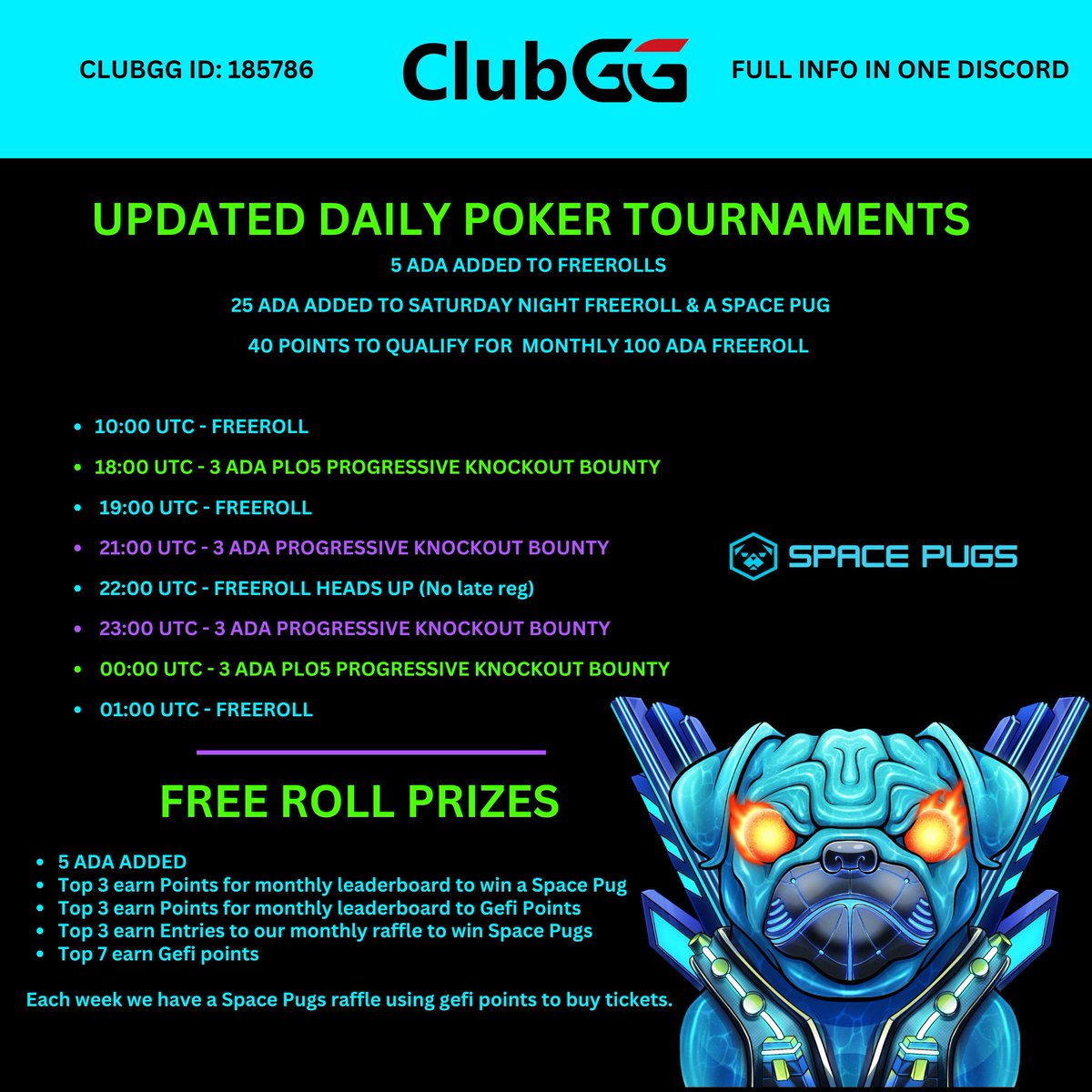 UPDATED DAILY POKER SCHEDULE  

4 X Daily Freerolls, buy-in NLH &amp; PLO games, SIT n GOS and cash games. The best spot for #Poker on #Cardano. Open to everyone!

Link: play.clubgg.net/dlink/cvZL9JQo
Club id: 185786   
Join: discord.gg/projectone