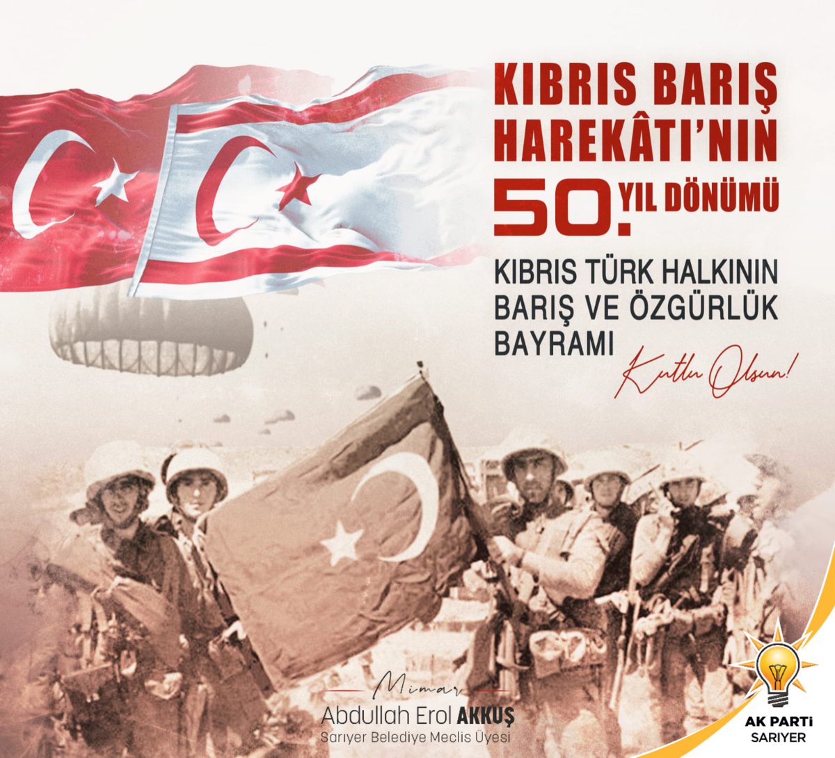 Kıbrıs Türklerini özgürlüğe kavuşturan Kıbrıs Barış Harekâtı'nın 50. yıl dönümü kutlu olsun! 

1974 yılında millî davamız uğruna şehit olan Mehmetçik ve Mücahitlerimizi rahmetle, Gazilerimizi şükranla anıyorum.