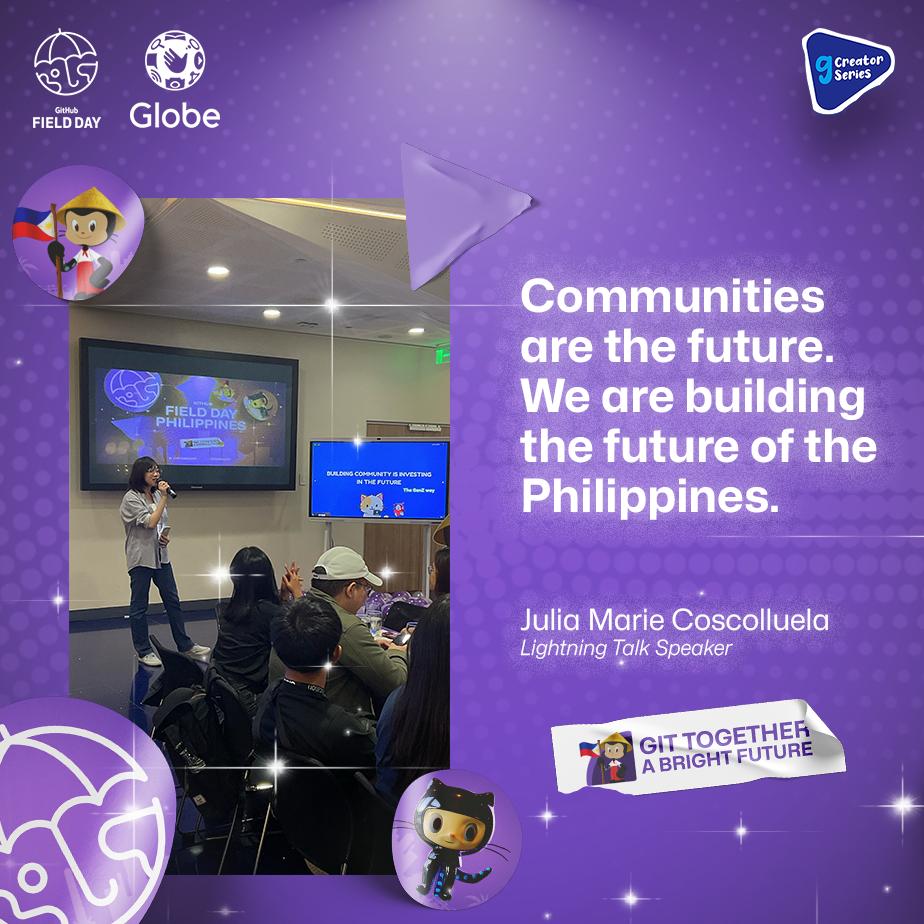 GHFieldDayPH's tweet photo. "Communities are the future. We are building the future of the Philippines." 

Our lightning talk speaker, Ms. Julia Marie Coscolluela, Co-founder &amp; President of Gamer's Guild PH, captivated us with her valuable insights about the gaming community. https://t.co/i0sIs7u51L