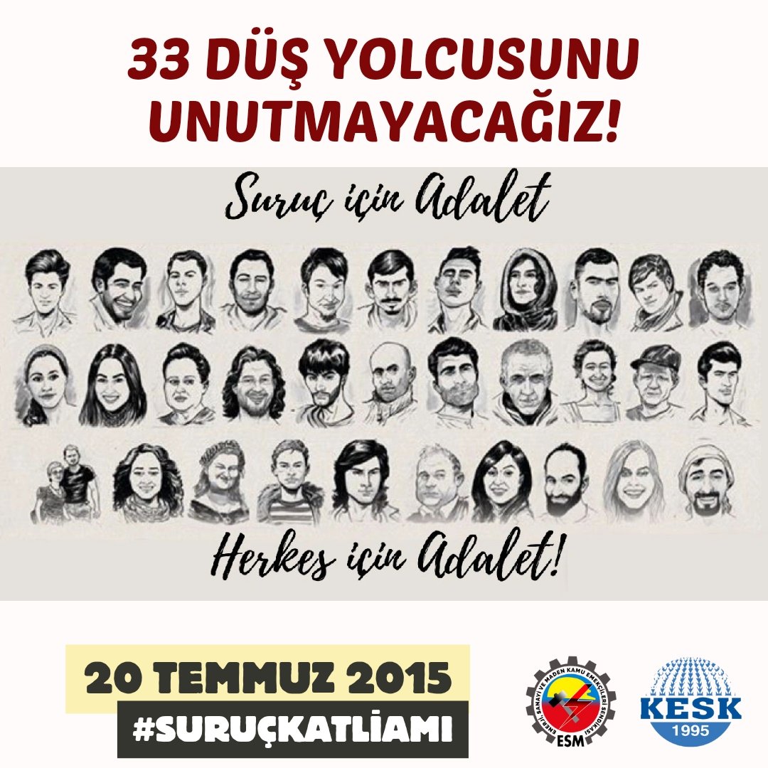 ... elbet bir bildiği var bu çocukların
kolay değil öyle genç ölmek
yeşil bir yaprak gibi yüreği
koparıp ateşe atmak!

Hasan Hüseyin Korkmazgil

Suruç'ta IŞİD barbarlığı tarafından katledilen 33 düş yolcusunu unutmayacağız!

#Suruç9Yıl
#SuruçKatliamı