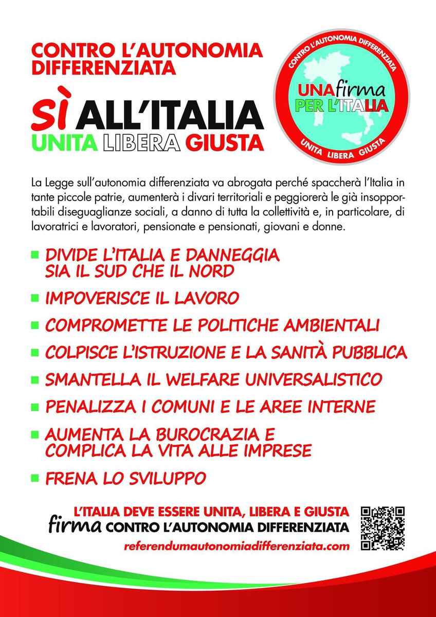 ⚠️ Con l'autonomia differenziata, il punto non è solo dove abiti ma anche quanti soldi hai, quanto stai bene (in tutti i sensi) e quanti appigli hai per riuscire a cavartela.

🖊 Firma anche tu per dire "Sì all'Italia unita libera giusta"

shorturl.at/LgXnD