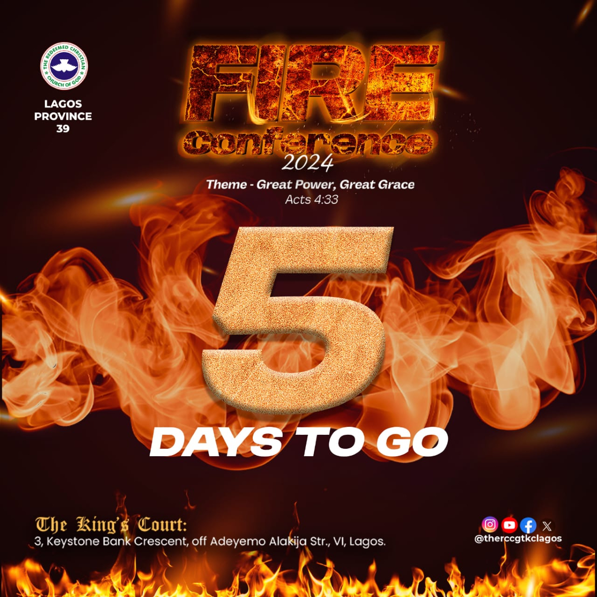therccgtkclagos's tweet image. 🔥 5 DAYS TO GO! 🔥

The FIRE Conference 2024 is almost here! Prepare for an amazing experience of Great Power and Great Grace. 🙌

Please mark your calendars and ensure you do not miss any of these impactful sessions.

#rccgtkclagos #fireconference