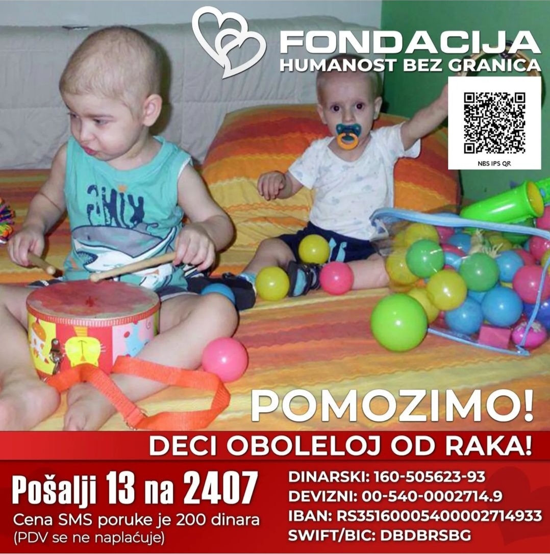 Preko 600 dece koja su se lečila ili se još uvek leče u Službi za hematoonkologiju Instituta za majku i dete boravilo je u Roditeljskoj kući. 
Pomozimo! 

Pošalji SMS!
13 na 2407

Skeniraj i doniraj:
NBS IPS QR kod

E-Doniraj - VISA, MasterCard, PayPal:
fondacija.rs/sr/korisnik/27…