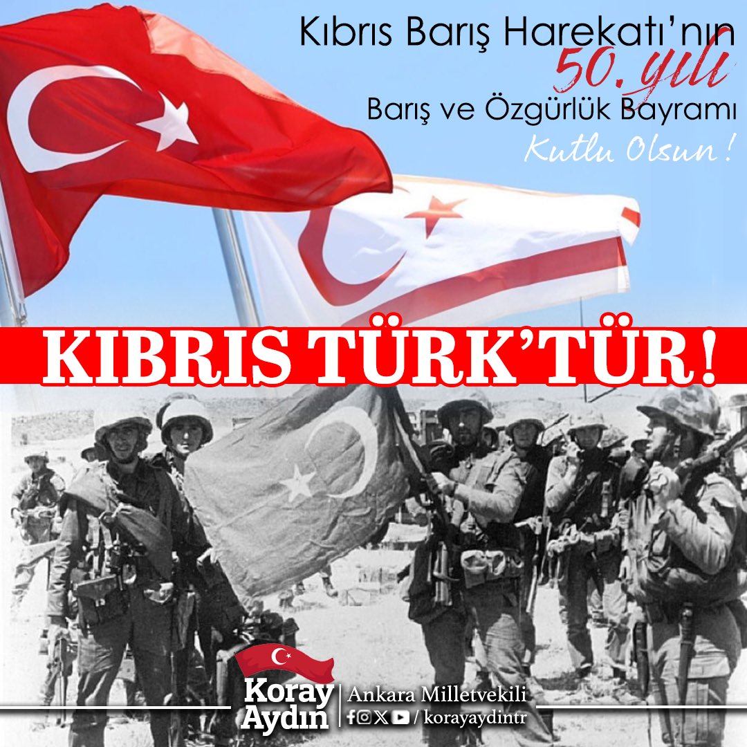 🇹🇷“Türk budur. Yıldırımdır, kasırgadır.”

🇹🇷Kıbrıs Türk’tür, Türk kalacaktır.

Kıbrıs’ta Türk varlığını boğmak isteyen küçük emperyal başların ezildiği, Kıbrıs Türklüğünün Anadolu Türklüğü ile ayrılmaz bir parça olduğunun gösterildiği #KıbrısBarışHarekatı’nın 50. yılını ve bütün