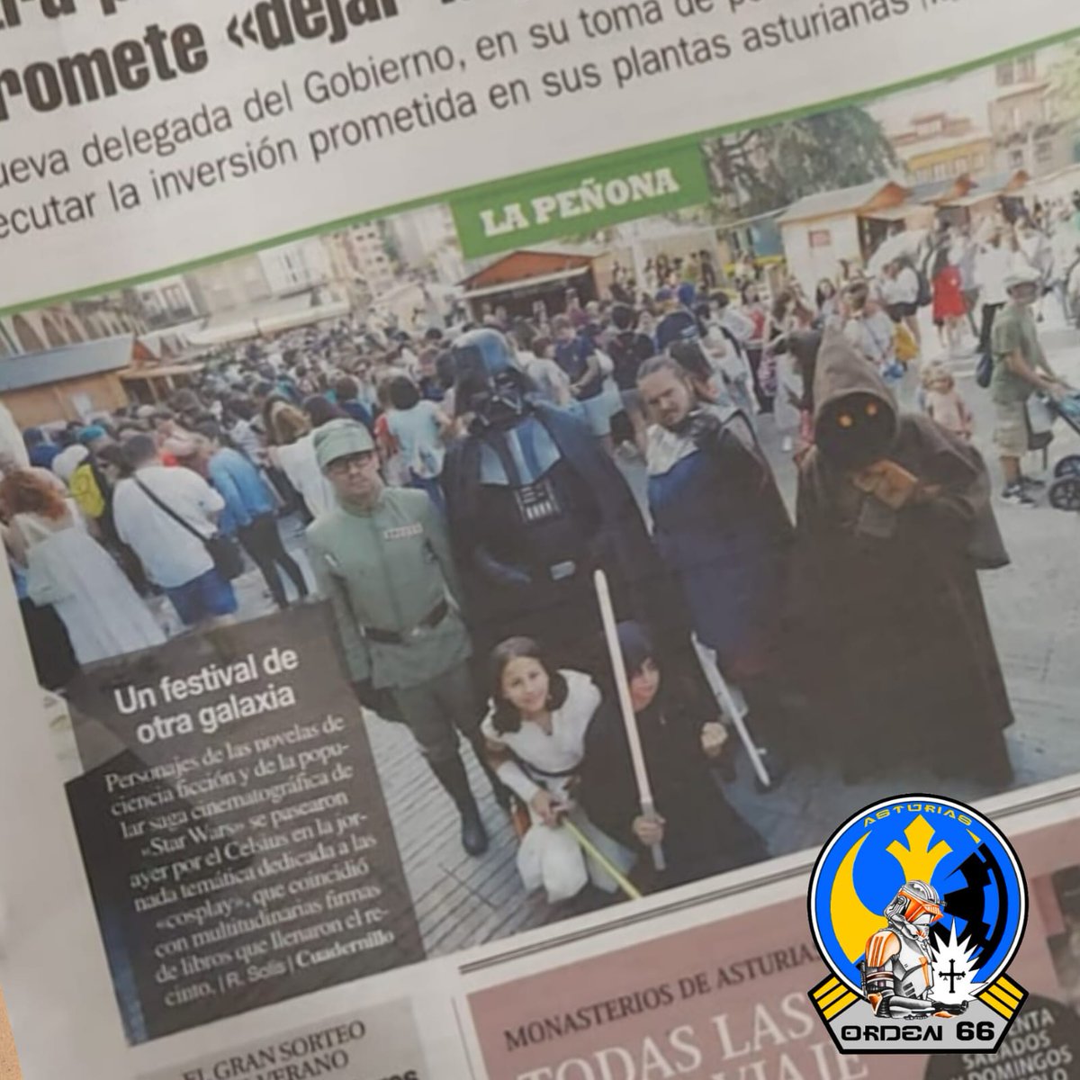 Orden66Asturias's tweet photo. Portada de periódico, artículos de prensa, todos saben que personajes de una Galaxia muy lejana están invadiendo Celsius 232... Hoy más y mejor. 
Nos vemos en @festivalcelsius!! 
#orden66asturias
#celsius232
#aviles
#starwars
#laguerradelasgalaxias 
#padawan 
#OneWorldOneOrder66 https://t.co/5oou5hrZJm