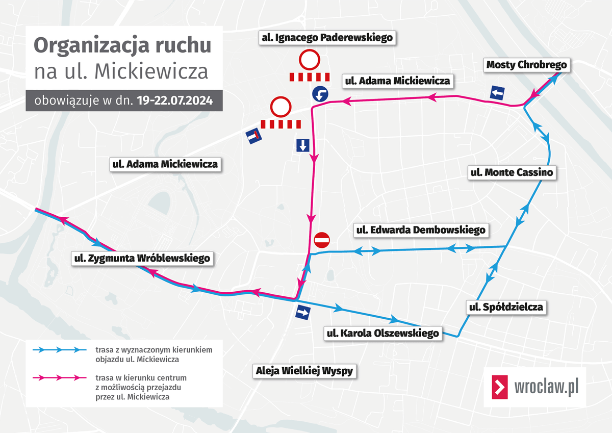 Ważne! Drogowcy zamknęli skrzyżowanie ul. Mickiewicza z aleją Wielkiej Wyspy. Prace potrwają do 22 lipca. Szczegóły: wro.news/RobotyMickiewi…