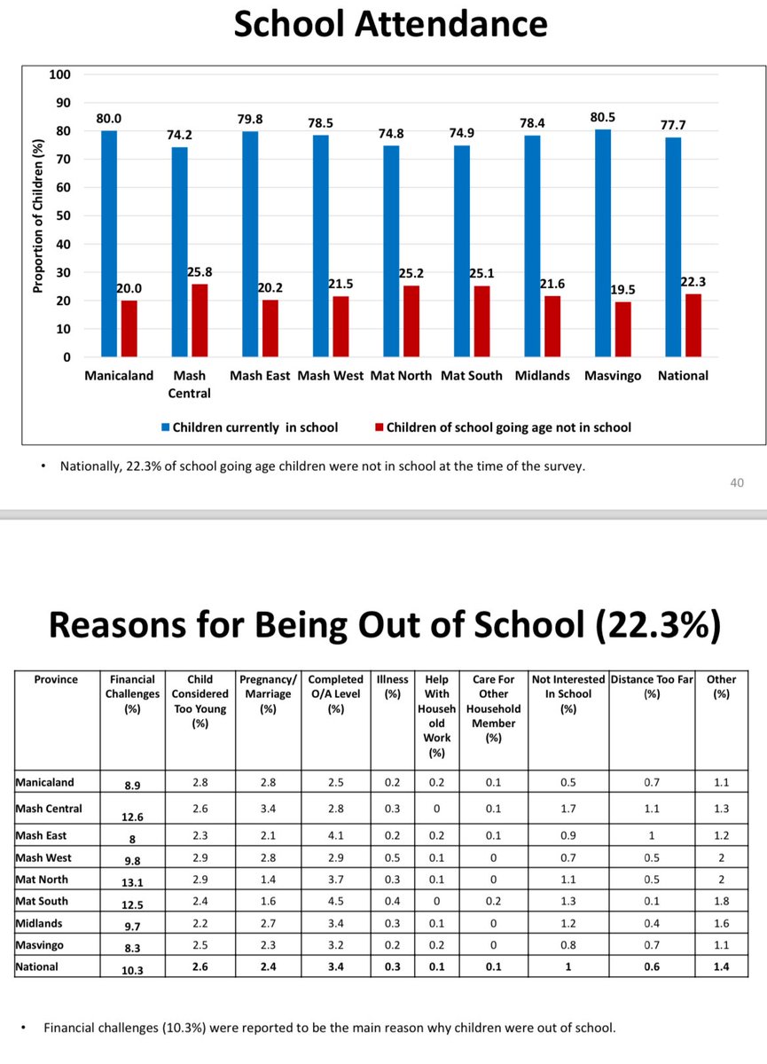 1/2 
The crisis (out of many govt fails) that worries me the most about Zim: The number of kids not in school. 
Around a quarter. 
• Parents can’t afford it
• Pregnancy (crime, really), which is worst in Mash Central. 

(Latest ZimVac report)