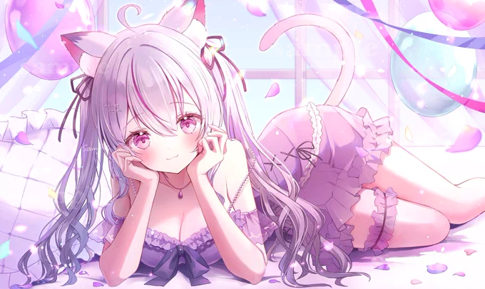 猫山みあ様(#nekoyama_miaaa)の2周年記念イラスト描かせていただきました!おめでとうございます