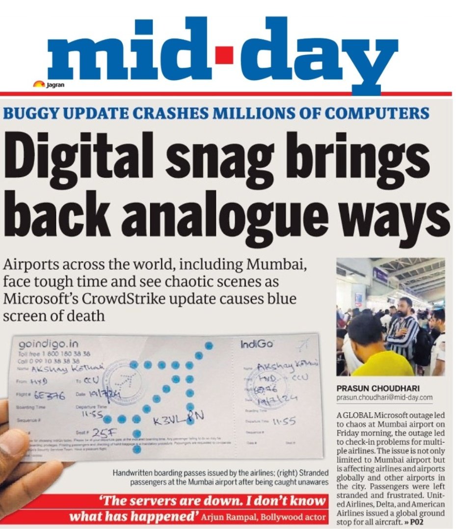 PrasunChoudhari's tweet photo. #MICROSOFT outage yesterday caused a major catastrophic effect to the aviation industry @mid_day

@ranjeetnature @DiwakarSharmaa @journofaizan

#Microsoft365 #MicrosoftOutage #microsoftdown #microsoftwindow #microsoftbug #microsoftout #Microsoft_fail https://t.co/2OQukgyEkq