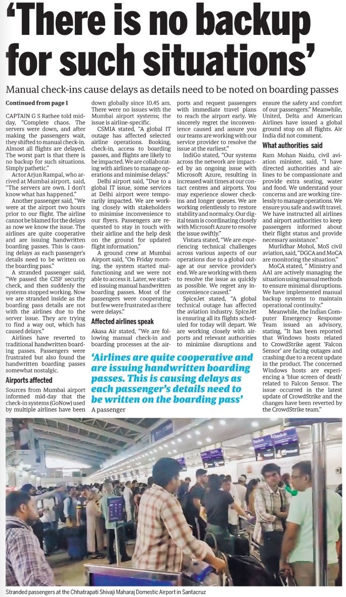 PrasunChoudhari's tweet photo. #MICROSOFT outage yesterday caused a major catastrophic effect to the aviation industry @mid_day

@ranjeetnature @DiwakarSharmaa @journofaizan

#Microsoft365 #MicrosoftOutage #microsoftdown #microsoftwindow #microsoftbug #microsoftout #Microsoft_fail https://t.co/2OQukgyEkq
