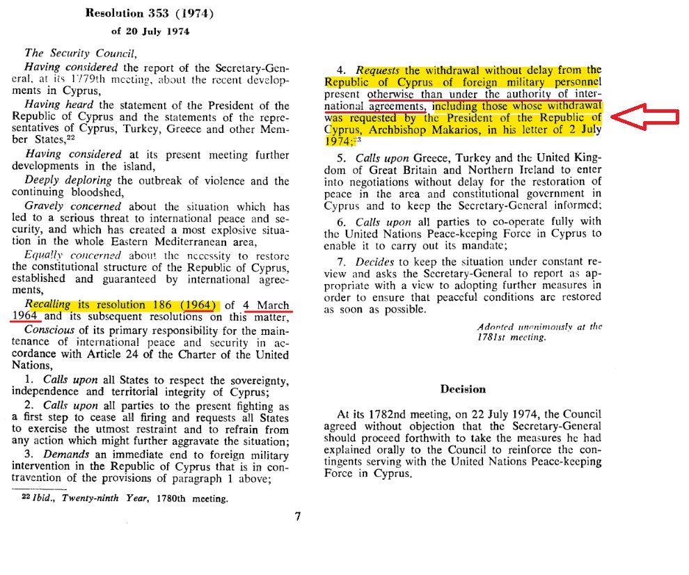yourANDmyCyprus's tweet photo. @PRIAPORIGINALIS @NikosDendias We expect Greece to respect 
international law &amp; agreements.
 
UNSC Resolution 353 clearly asks Greece  by referring to Makarios' letter of 2 July 1974 to withdraw from Cyprus.
  
Turkish Peace Forces are  in Cyprus "under the authority of international agreements"👇
#Cyprus https://t.co/AgXT0bwQkD