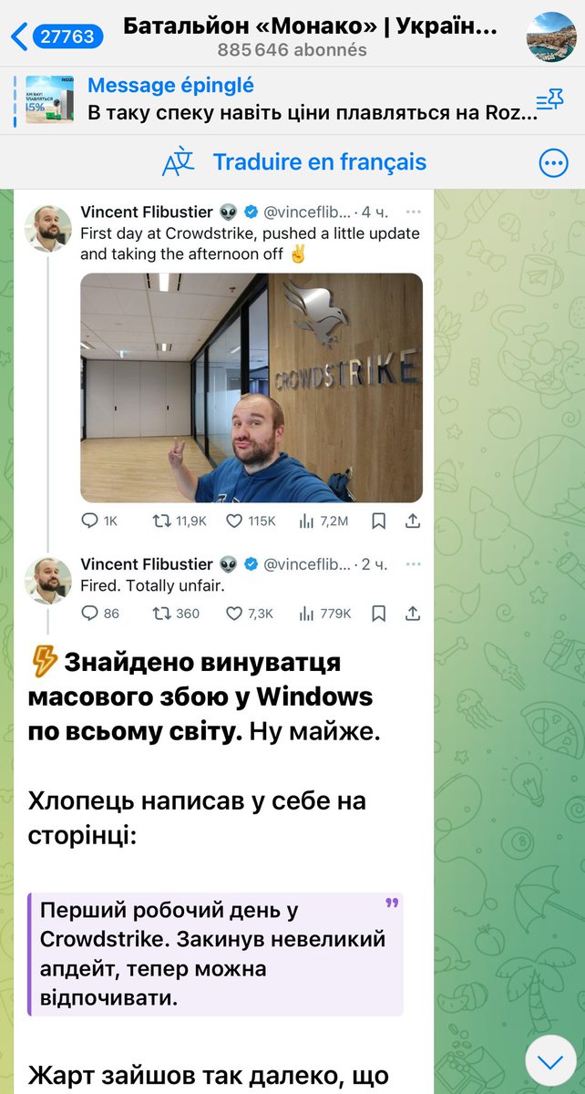 AllaPoedie's tweet photo. @vinceflibustier Vincent Flibustier est un génie! 
Écoutez son histoire incroyable de #fake interplanétaire « fait maison » lié à la panne de Windows  d’hier…
Je l’ai appris grâce… aux #ukrainiens 😅, qui ont compris la blague 

Une leçon d’anthologie à tous ceux qui croient facilement, sans vérifier, ni chercher les sources, à ce qui est posté sur les réseaux
La #propaganda russe joue beaucoup avec votre confiance aussi
#Crowdstirke 
#ArmUkraineNow 
#RussiaIsATerroristState