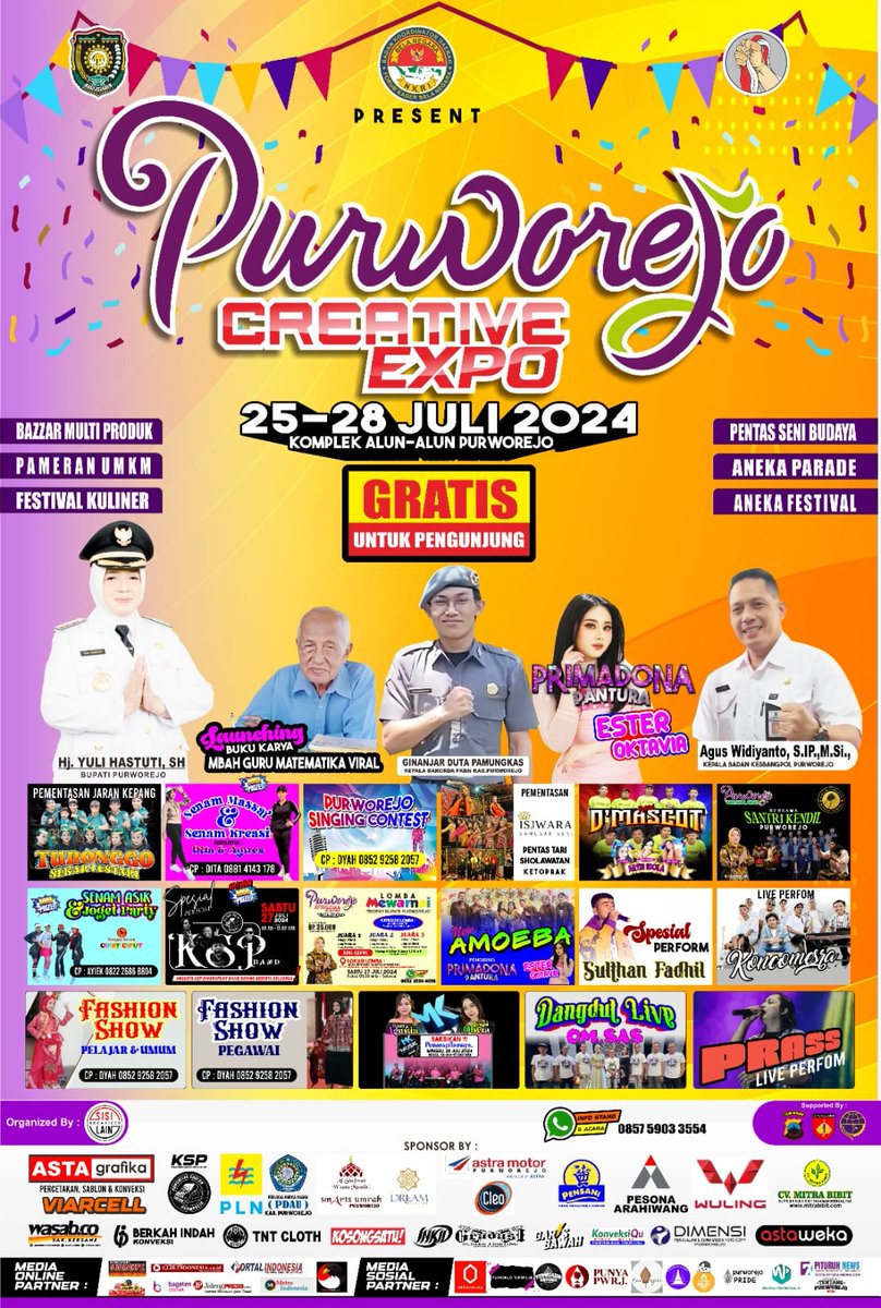 #Purworejo #Creative #Expo 
Komplek Alun-alun Purworejo 
#DiSiniEmpatHari 25-28 Juli 2024! 

Info: wa.me/6285759033554

#PurworejoCreativeExpo #VisitJawaTengah #JatengGayeng #PesonaIndonesia

Nantikan selalu #ExpoSepuluhHari di kesempatan berikutnya!

facebook.com/share/v6z5ahwQ…