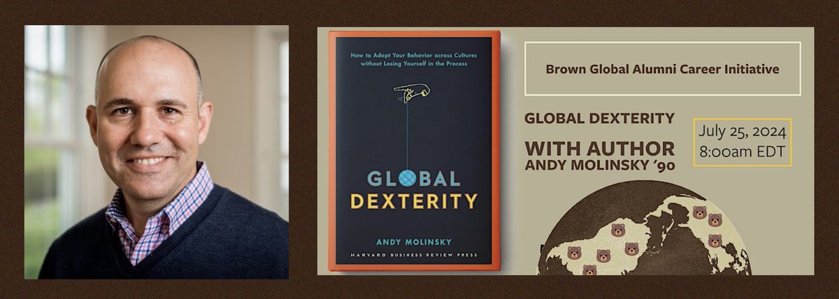 Join the conversation with author Andy Molinsky '90, moderated by Steve Rochlin' 90 addressing "Global Dexterity" - adapting to new cultures while staying authentic &amp; grounded in your natural style. 

Join us on Zoom: July 25 @ 8:00am EDT
Register now! lnkd.in/erEeEicG