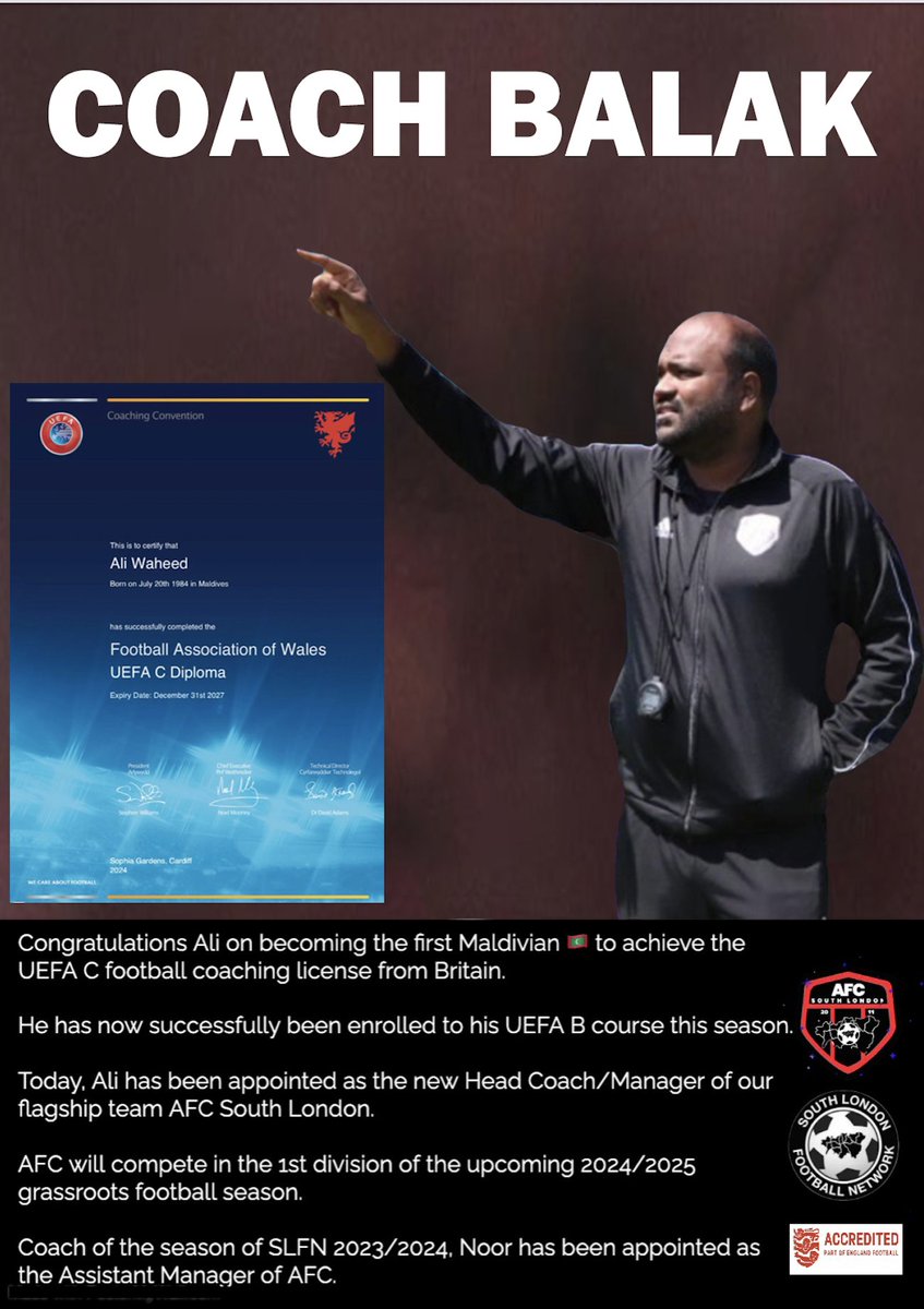 AFCSouthLondon's tweet photo. Congratulations Ali @ali20waheed from the Maldives for achieving @uefa C football coaching license from Britain and being appointed as the new Manager of AFC South London.
#AFC
#SLFN
#London
#Maldives https://t.co/nKMpmLZdV8