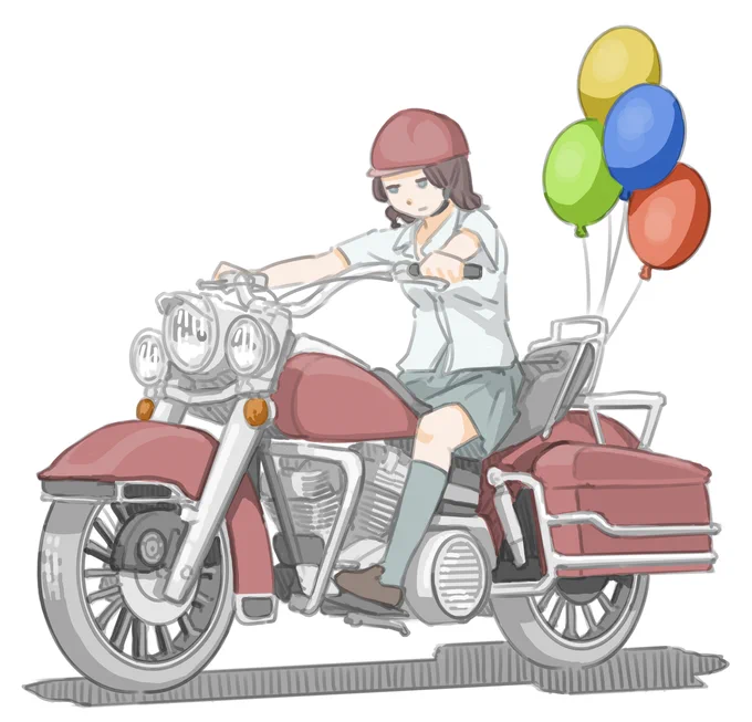 誕生日なので風船をバイクに括り付けてみた女子です。 (Harley Davidson FLH)【再掲】 #バイクJK #バイクイラスト