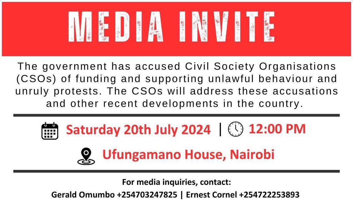 DefendersKE's tweet photo. PRESS BRIEFING.                          

We invite members of the press for a briefing to address accusations on the role of the civil society in Kenya’s Protests.   @citizentvkenya @TheStarKenya @StandardKenya @Milele_FM @KamemeTvKenya @tv47news @KenyaEditors @HakiKNCHR @NationAfrica @ntvkenya @AfUncensored @PeopleDailyKe @SpiceFMKE @CapitalFMKenya