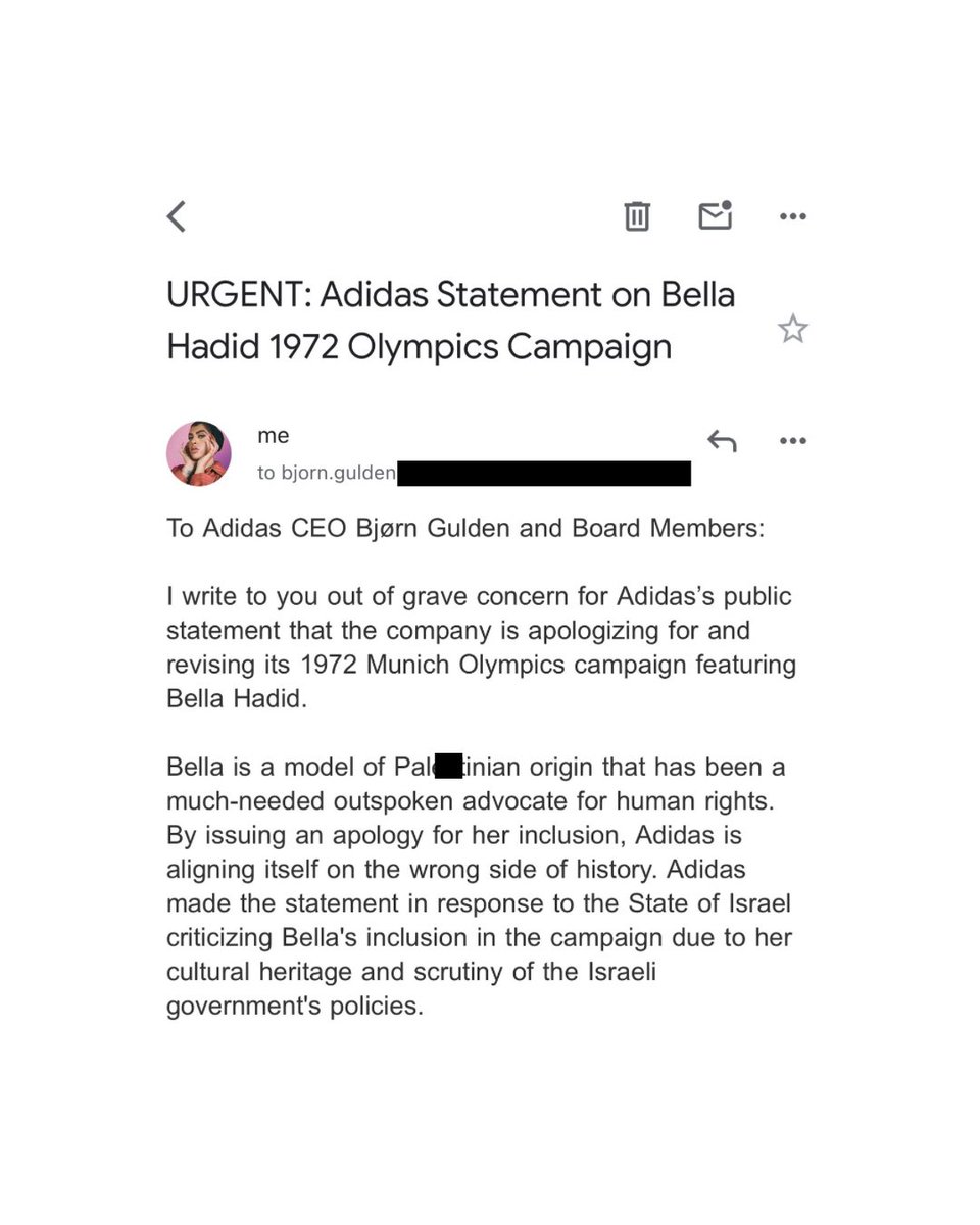 AmaniUniverse's tweet photo. The email I sent to Adidas today. 

Given the very public nature of my Adidas collection and endorsement, it feels necessary to equally share my concern with you all. 

We need Adidas leadership to address their statement on Bella Hadid immediately. https://t.co/s30GJCU5YD