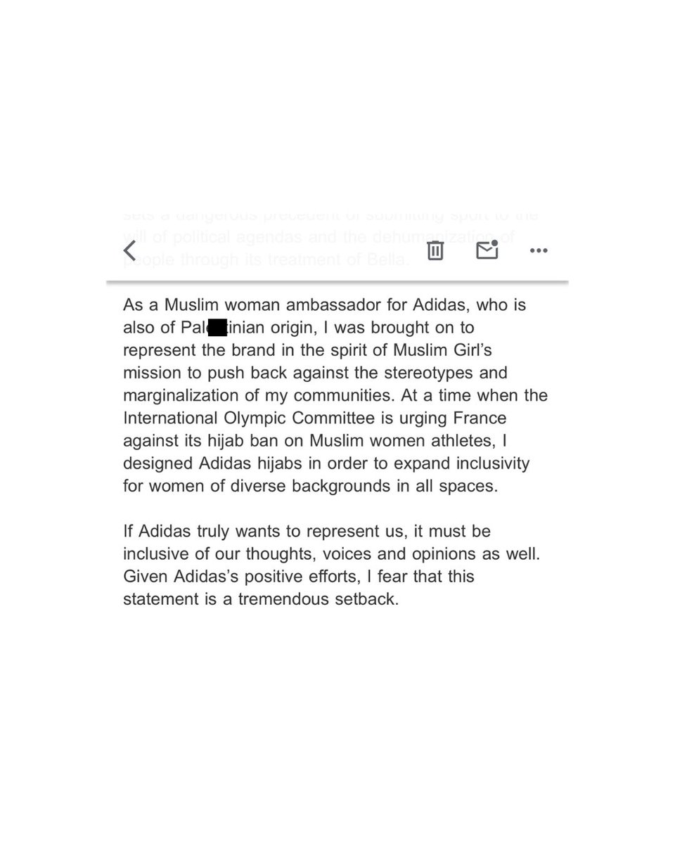 AmaniUniverse's tweet photo. The email I sent to Adidas today. 

Given the very public nature of my Adidas collection and endorsement, it feels necessary to equally share my concern with you all. 

We need Adidas leadership to address their statement on Bella Hadid immediately. https://t.co/s30GJCU5YD