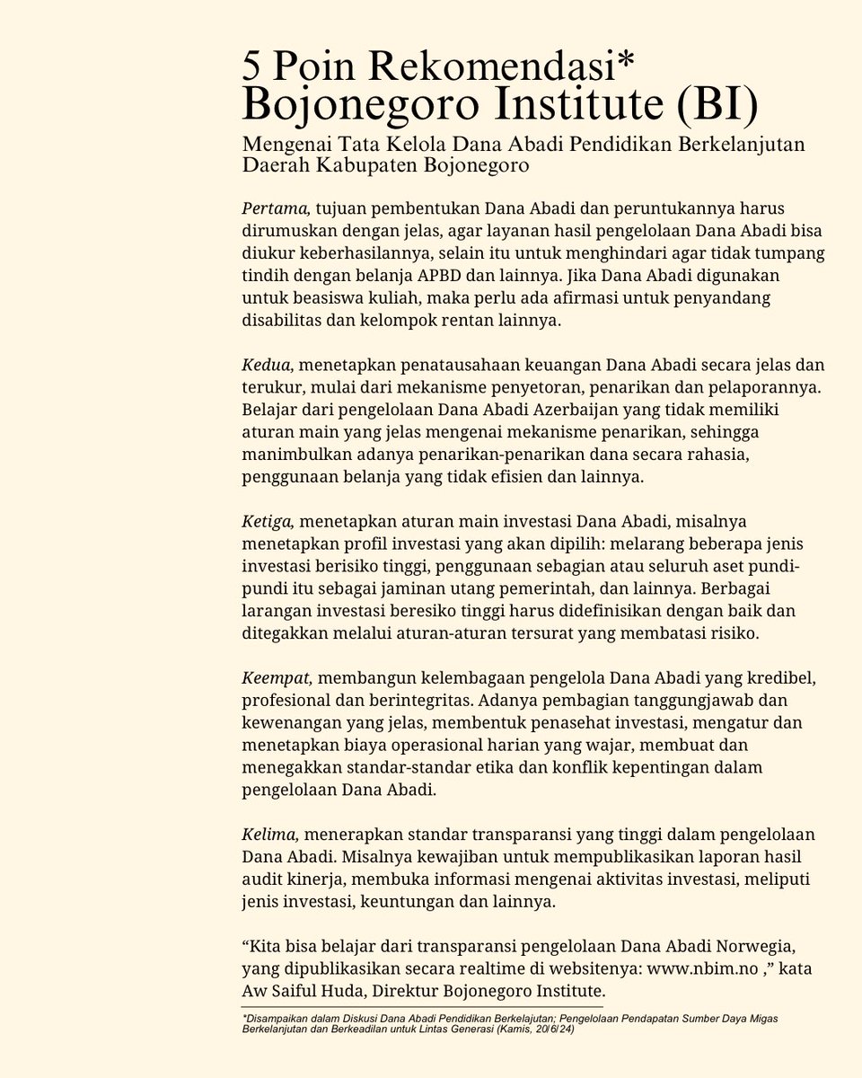 BjnInstitute's tweet photo. Diskusi multipihak tentang dana abadi pendidikan; inisiasi kebijakan pengelolaan pendapatan sumber day migas yang berkelanjutan dan berkeadilan untuk lintas generasi Bojonegoro | Bojonegoro Institute https://t.co/TKizccIHXr