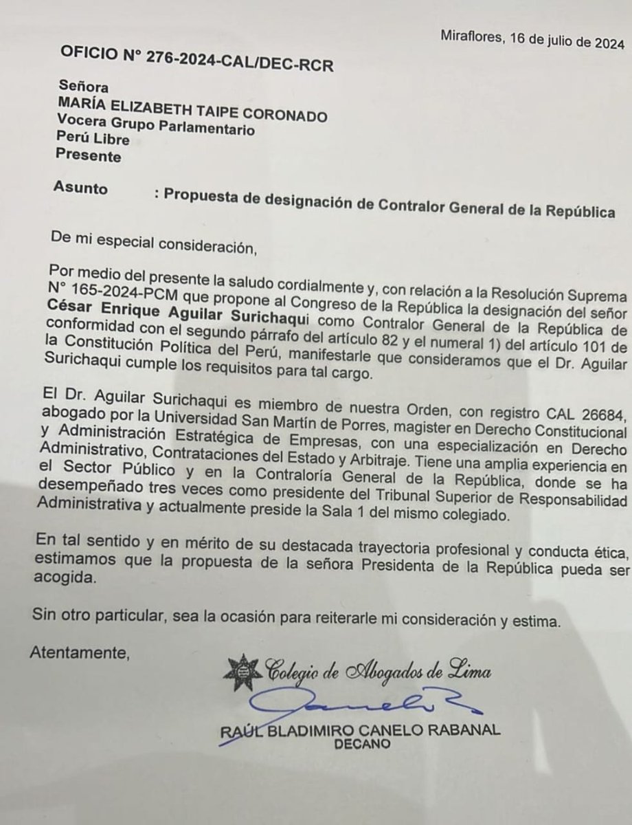 SINTRACGR1's tweet photo. Al @congresoperu se le pone en conocimiento el apoyo y respaldo  que el candidato a Contralor, Abg. César E. Aguilar Surichaqui, ha recibido de diversos colegios profesionales, mismo que debería ser valorado por la subcomisión evaluadora y comisión permanente. https://t.co/7Y00HNGRXl