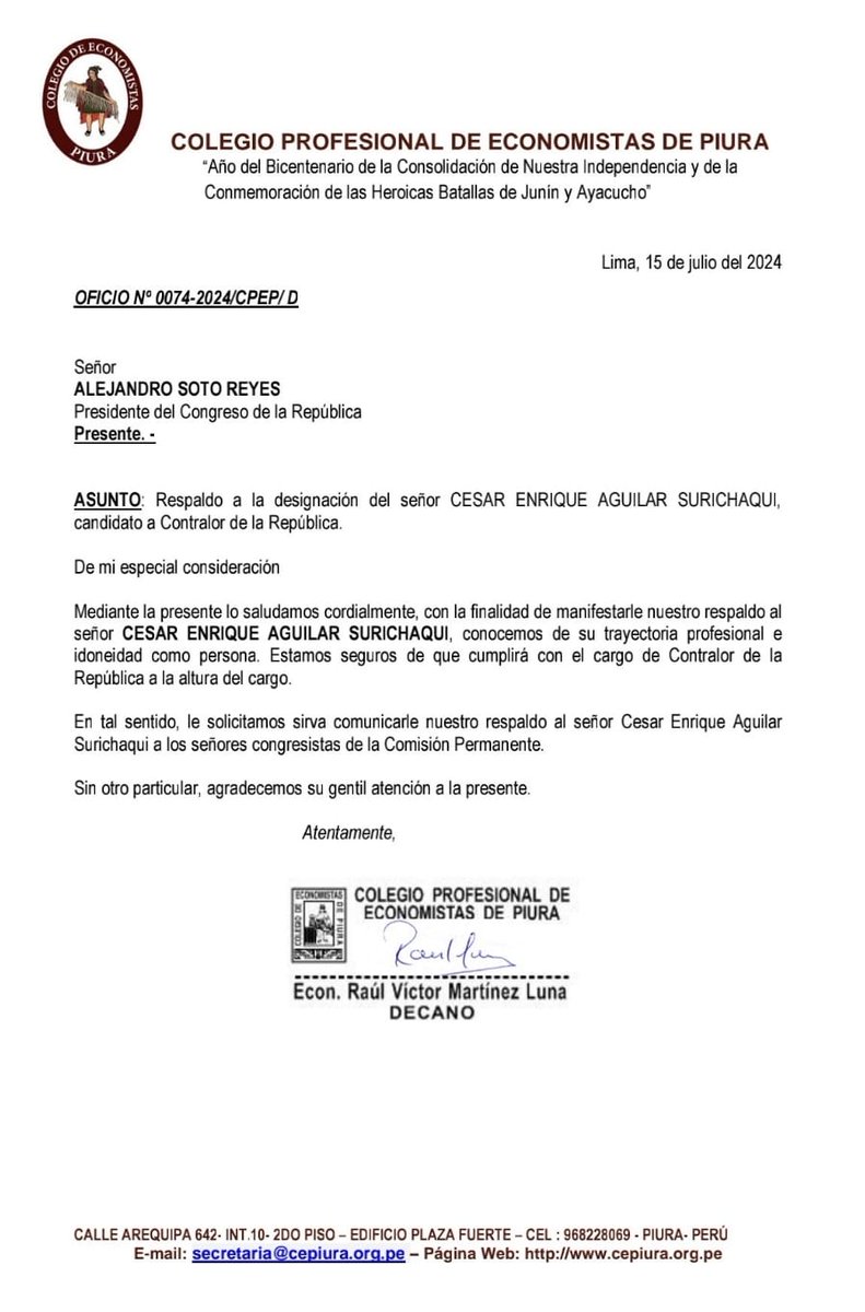 SINTRACGR1's tweet photo. Al @congresoperu se le pone en conocimiento el apoyo y respaldo  que el candidato a Contralor, Abg. César E. Aguilar Surichaqui, ha recibido de diversos colegios profesionales, mismo que debería ser valorado por la subcomisión evaluadora y comisión permanente. https://t.co/7Y00HNGRXl