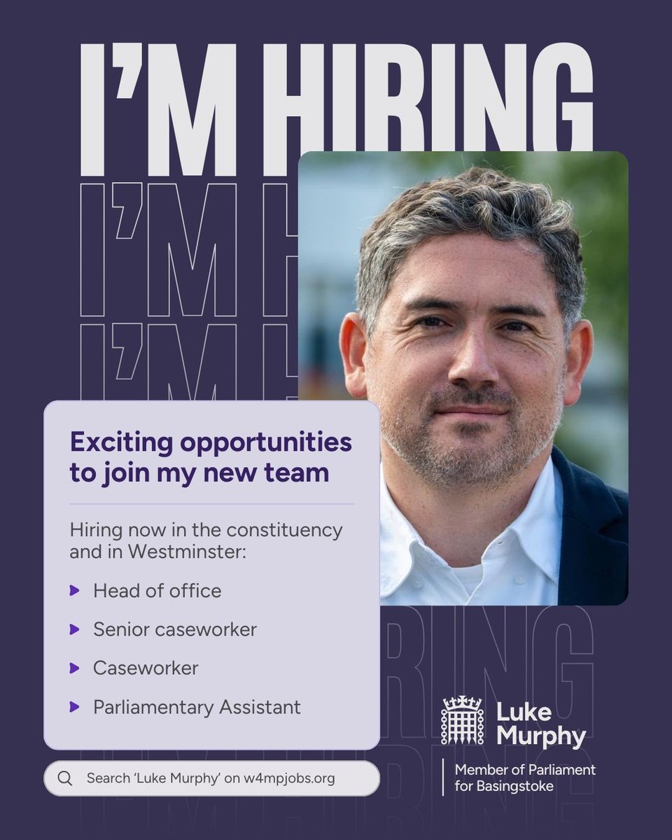 Help me be a strong voice for our town &amp; the most accessible &amp; visible MP Basingstoke has ever had

👇

👩‍💼Head of Office shorturl.at/Pq9al

🗒️Caseworker / Sr Caseworker shorturl.at/cjiyM

✍️Parliamentary Assistant / Sr Parliamentary Assistant shorturl.at/mcLrl