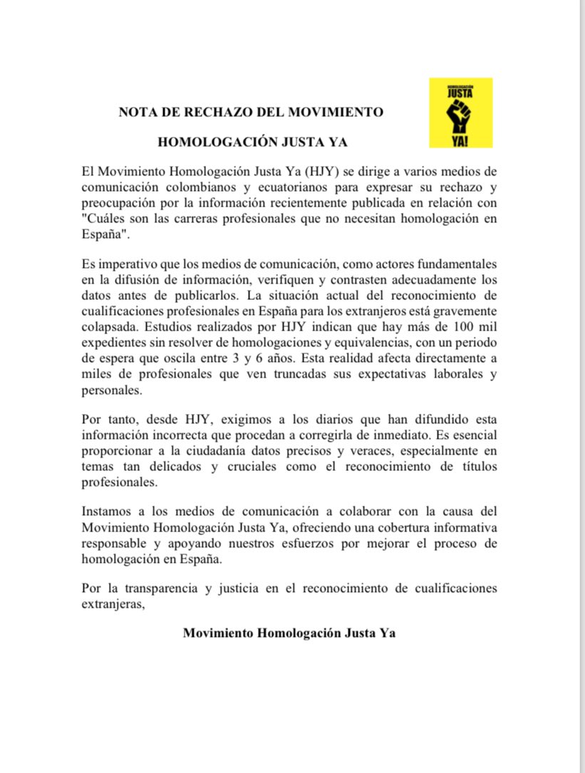 Desde #HomologaciónJustaYa queremos dirigirnos a medios de comunicación que están difundiendo listas de profesiones que no necesitan homologación en 🇪🇸! Esta información es FALSA! Tenemos profesionales de esas carreras esperando desde hace años! Exigimos corrección