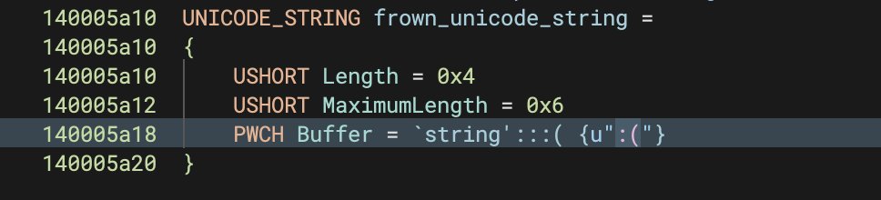 jordan9001's tweet image. BgpFwDisplayBugCheckScreen uses it in a UNICODE_STRING. Now you can patch it to express more nuanced emotions with your bug checks!