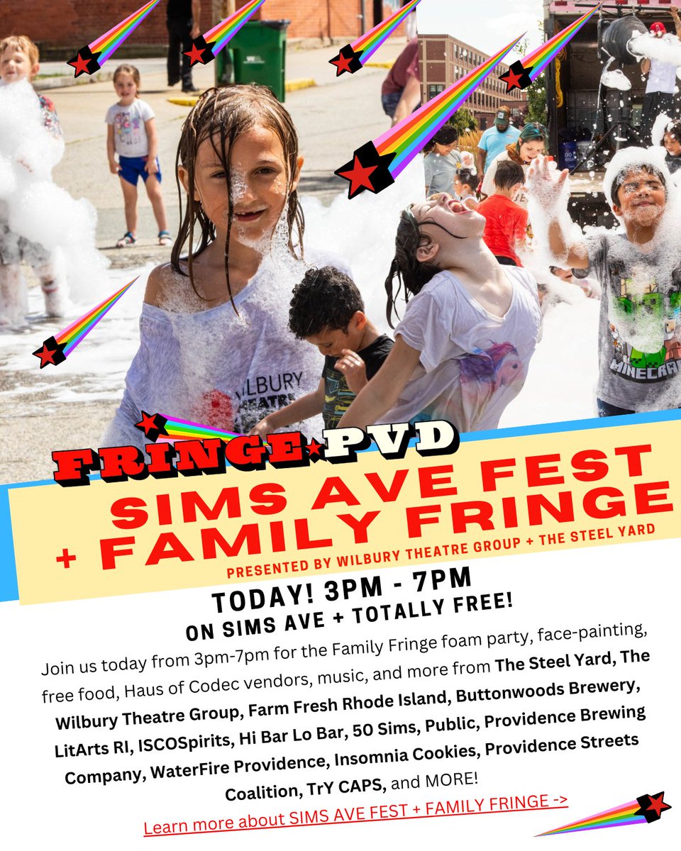 It's a big day at FRINGEPVD! Join us at the SIMS AVE FEST + FAMILY FRINGE from 3pm - 7pm, or check out a FREE Community Dance Classes from Motion State Arts, Writing at the Fringes at LitArts RI, and more! bit.ly/3y7iQ2s