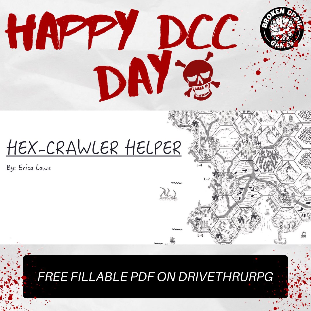 Happy DCC DAY!! We wanted to share Hex-Crawler Helper is a fillable PDF to help GM’s organize their notes for their Hex-Crawler campaigns. Includes: prompt for ideas, weather/natural occurrence chart, four hex-crawl grids for different size maps, pre-drawn map of a small area.