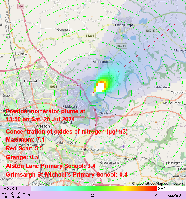 plumeplotter's tweet photo. Latest Preston incinerator plume plot, 13:50 20/07/24 #RedScar #Grange https://t.co/vYUTMnLQDm https://t.co/Vdt49aTlVR