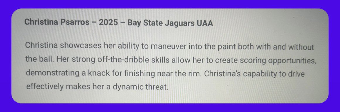 Great write up on Bay State Jag 🐆 2025 versatile 6’2” Forward <a href="/C_Psarros/">Christina Psarros</a> 🎯‼️