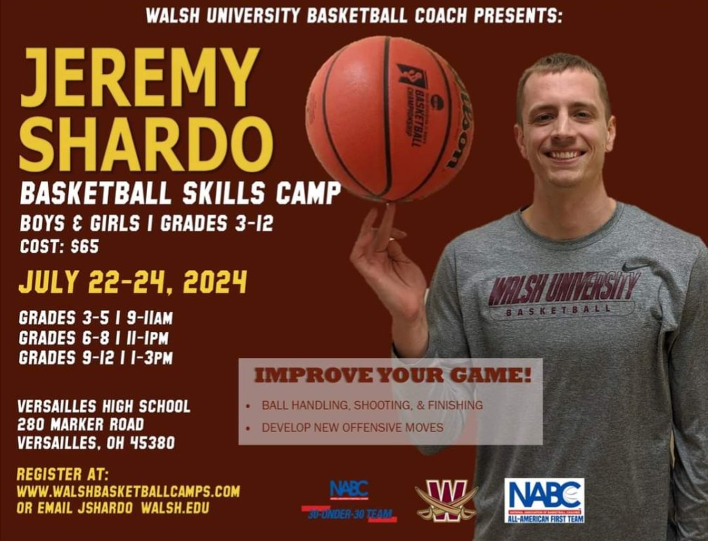 🚨 Basketball Skills Camp starts next week!

Looking forward to working with everyone at Versailles High School!

Be sure to Register! 
walshbasketballcamps.com/versailles-cam…