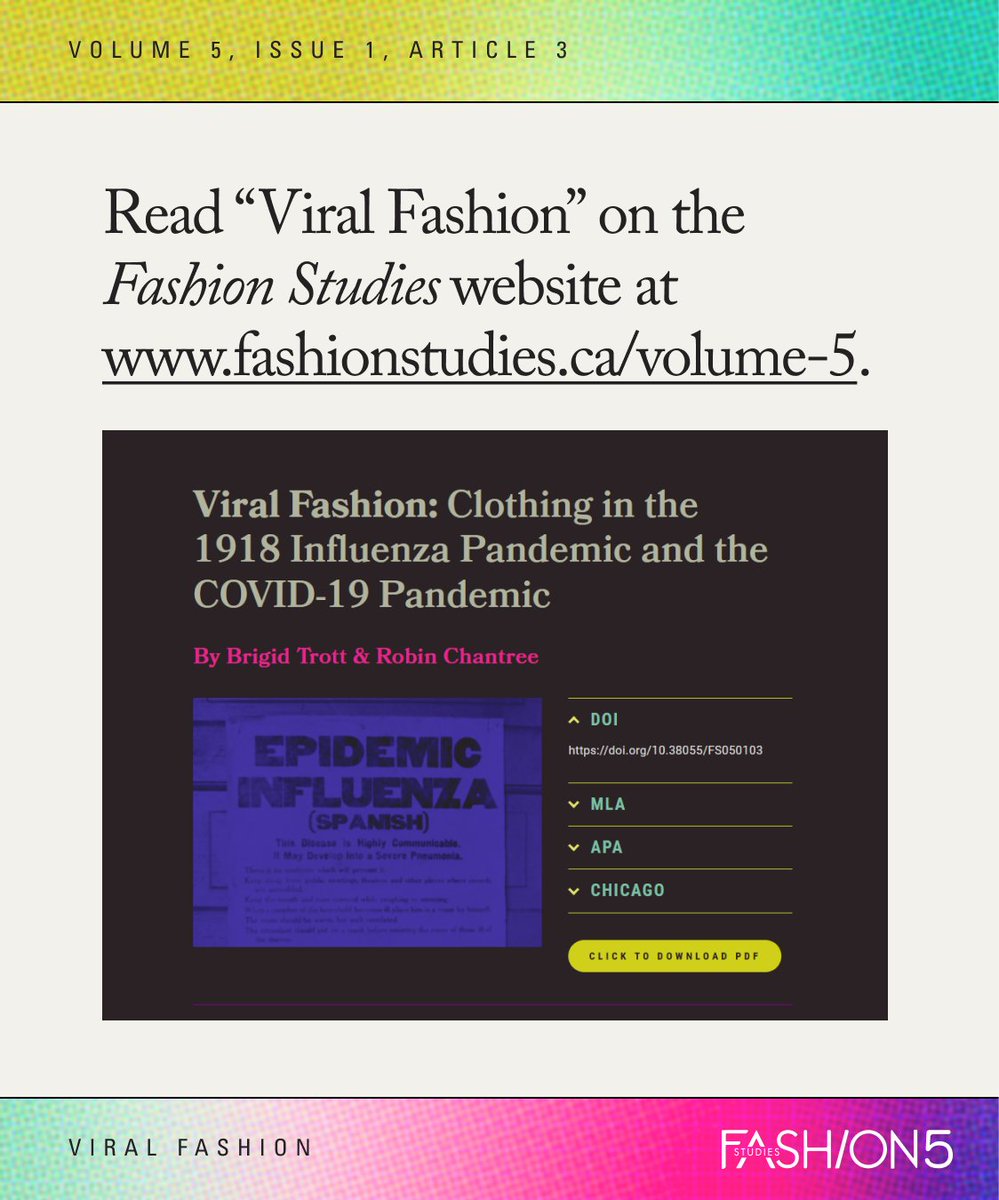 _FashionStudies's tweet photo. Check out one of our amazing Volume 5 Issue 1 articles! Use the link in our bio to read “Viral Fashion: Clothing on the 1918 Influenza Pandemic and the COVID-19 Pandemic” by Brigid Trott and Robin Chantree.
#FashionStudies #Volume5 #OpenAccessFashion https://t.co/HQ4dJ3ifKQ