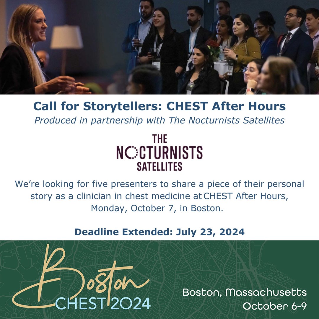 CHEST (@accpchest) on Twitter photo DEADLINE EXTENDED: The call for #CHESTAfteHours presenters has been extended to July 23. Here's your chance to connect with peers, inspire others, and highlight the compassion and resilience that defines our profession. hubs.la/Q02HjMry0
#CHEST2024 <a href="/thenocturnists/">The Nocturnists</a> DEADLINE EXTENDED: The call for #CHESTAfteHours presenters has been extended to July 23. Here's your chance to connect with peers, inspire others, and highlight the compassion and resilience that defines our profession. hubs.la/Q02HjMry0
#CHEST2024 <a href="/thenocturnists/">The Nocturnists</a>