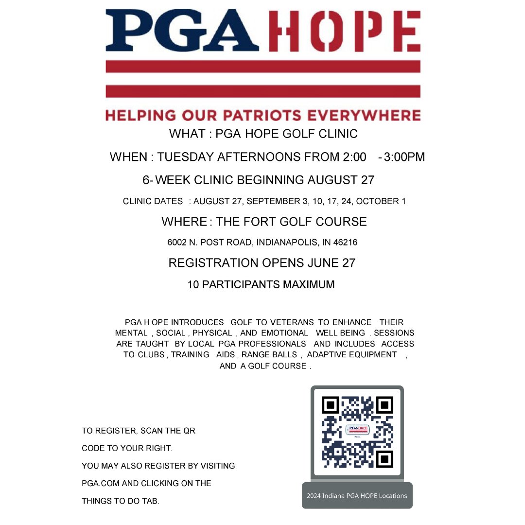 Veteransindiana's tweet image. Calling all Veterans and Servicemembers! Join PGA HOPE for a fun, camaraderie-filled golf session led by PGA Associate Andrew Jent. No experience or equipment needed. Sign up now!🏌️‍♀️🏌️‍♀️ #PGAHOPE #Veterans #Servicemembers
