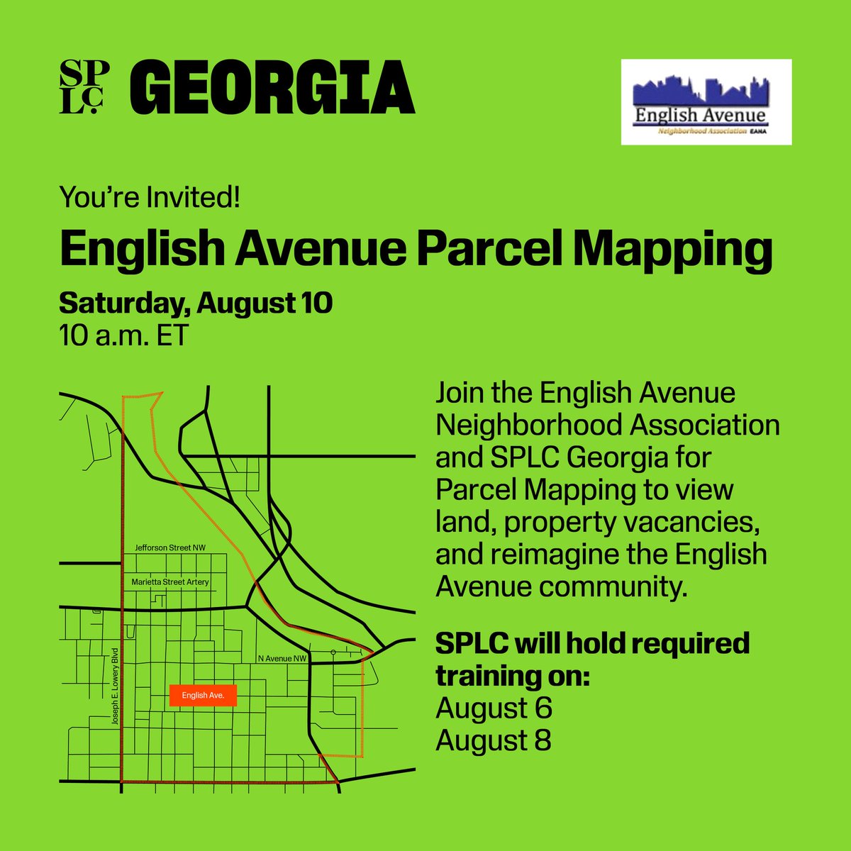 splcenter's tweet photo. 🔔 Save the date! Join the SPLC on Aug. 10, 2024, in #Atlanta for #ParcelMapping in the English Avenue neighborhood.

With community volunteers, we'll view land vacancies and reimagine the community. #WestsideATL

RSVP for training on Aug. 6 &amp; 8 📲 https://t.co/AIZfXDZ1wK https://t.co/C2Nc0d3Foo