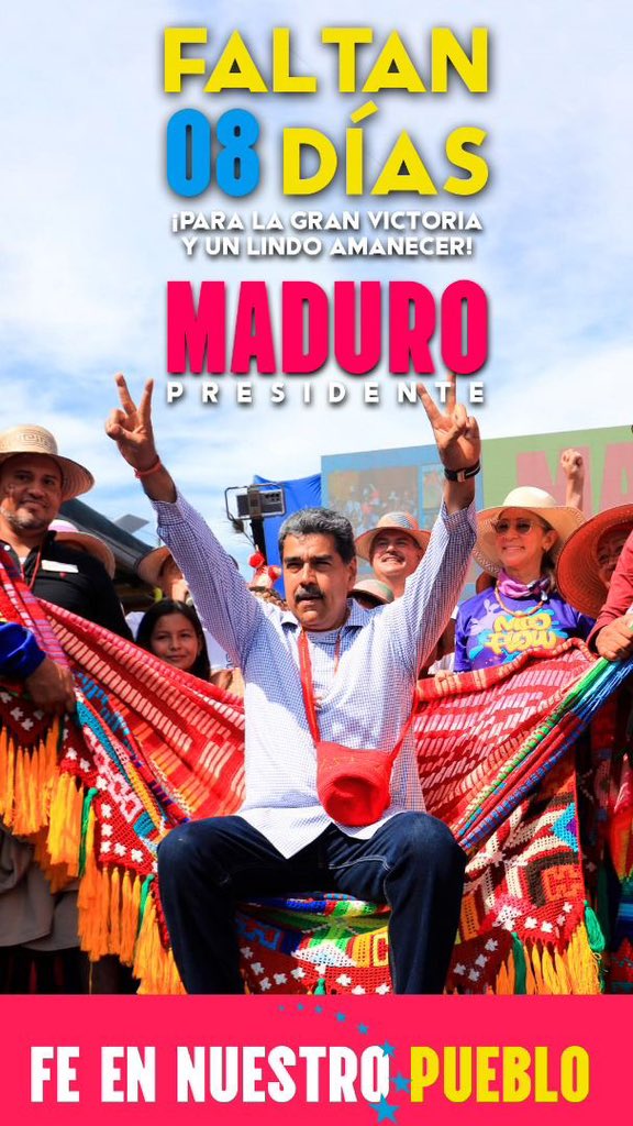 #20Jul | A 8 días para la Gran Victoria del Pueblo! Nuestro Gallo Pinto <a href="/NicolasMaduro/">Nicolás Maduro</a> se encuentra recorriendo toda #Venezuela junto al Pueblo. #VenezuelaPintaBonito <a href="/PartidoPSUV/">PSUV</a> <a href="/jorgerpsuv/">Jorge Rodríguez</a> <a href="/ConCiliaFlores/">Cilia Flores</a>