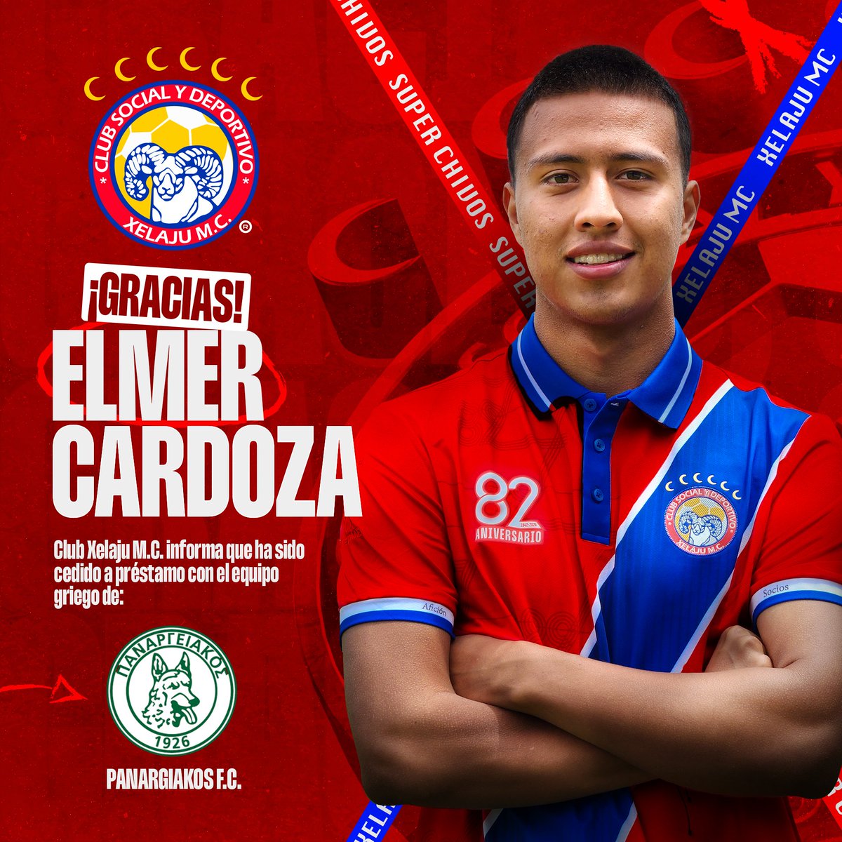 🇬🇷 MUCHOS ÉXITOS CARDOZA 
Club Xelajú MC se complace en anunciar el préstamo de nuestro talentoso juvenil, Elmer William Cardoza, al Club Panargiakos FC de Grecia. Esta oportunidad representa un paso importante en su carrera, quien tendrá la oportunidad en el extranjero.
