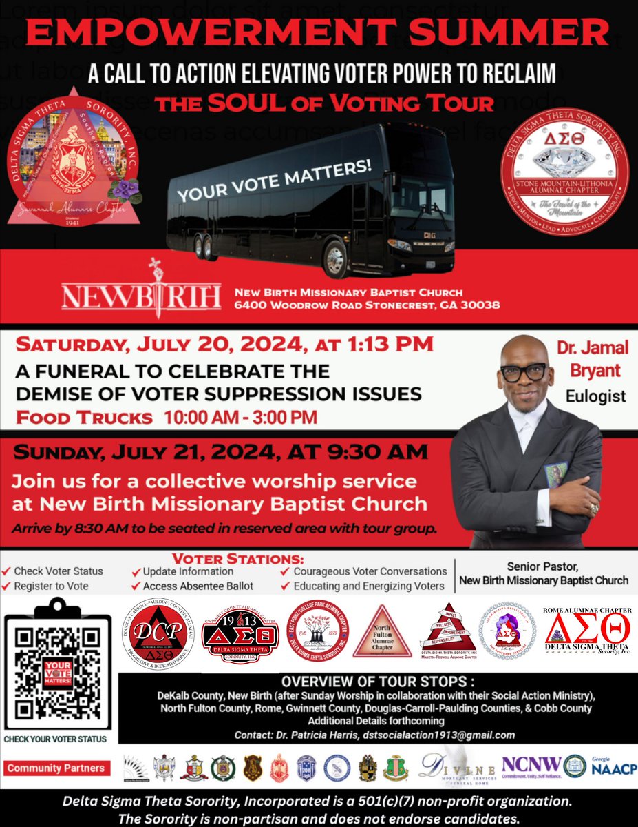Today is the day! Join us at New Birth Missionary Baptist Church for the Voter Suppression Funeral. Come enjoy food trucks, the Voter Ensemble, liturgical dancers, Education and Empowering Eulogy, and other remarks! The funeral starts at 1:13 pm.
#smlacdst