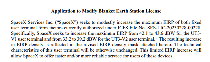 . <a href="/SpaceX/">SpaceX</a>  has asked the FCC to increase the power limits for its Gen 3 "Mini" and "New HP" user terminals. App here: tinyurl.com/2alsdhsf