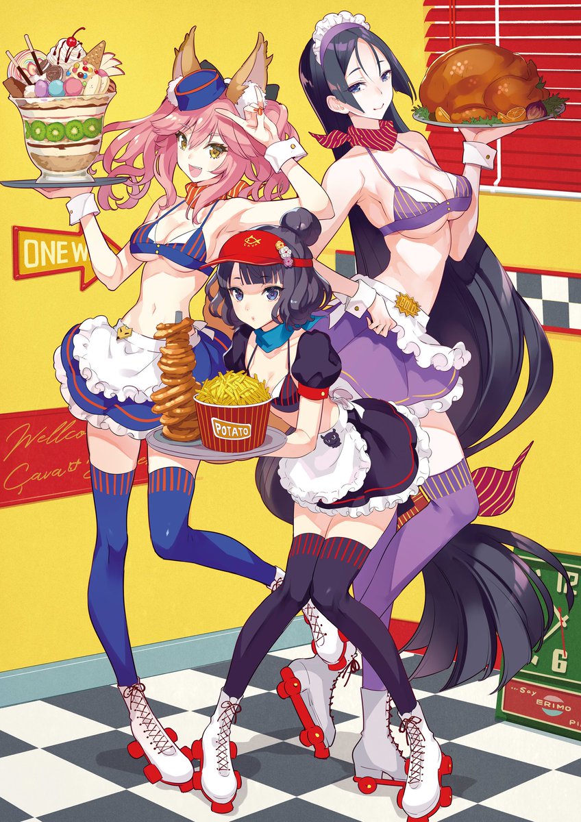 葛飾北斎(Fate) ,源頼光(Fate) ,tamamo_(fate) 「↑2018年のダイナー武蔵ちゃん→2019年にキャストが増え3人にハンバーガーも」|ERIMO🍓5/5ｺﾐﾃｨｱ144-E01a・絵師100人展13のイラスト