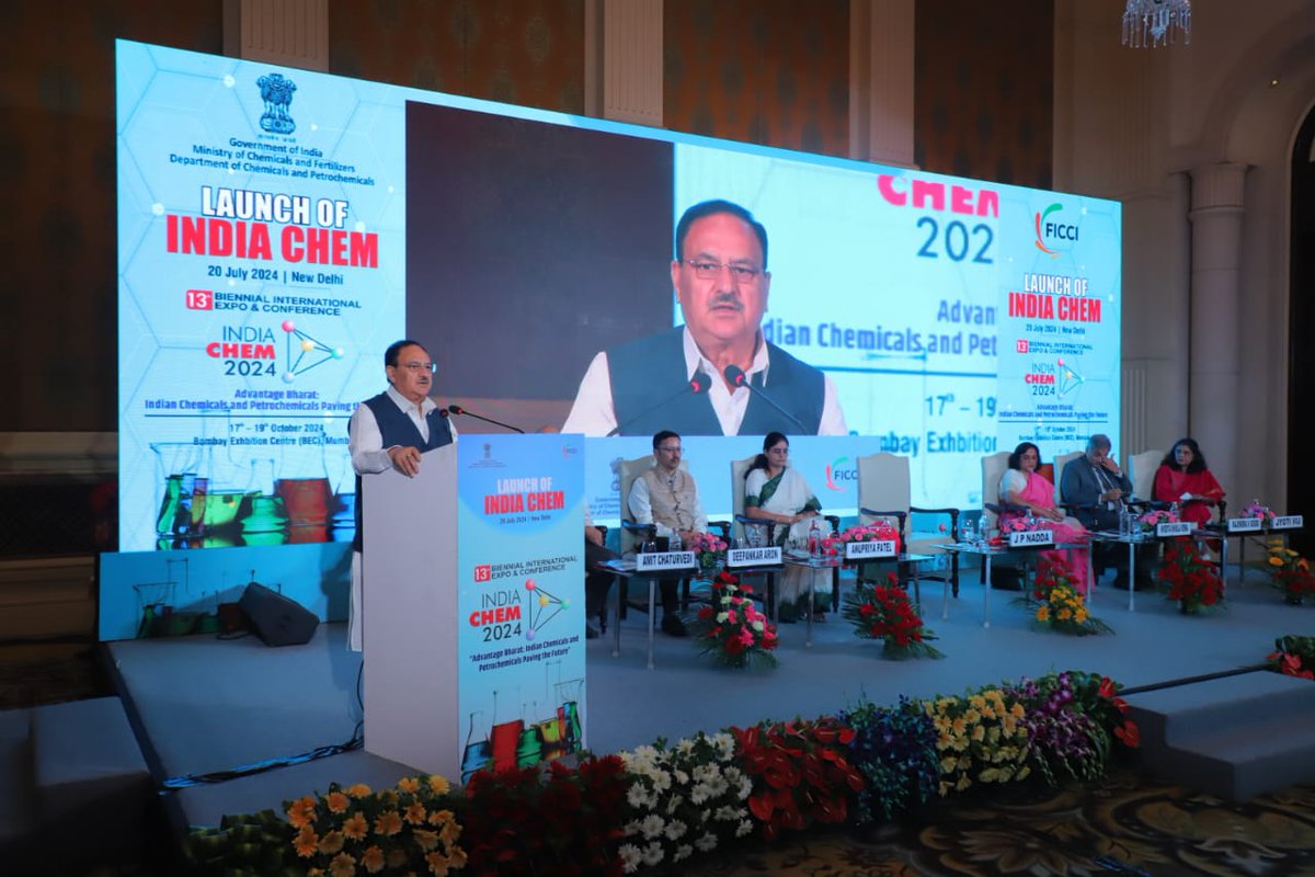 dcpcindia's tweet photo. The Union Minister for  Health &amp; Family Affairs and Chemicals &amp; Fertilizers, Shri Jagat Prakash Nadda launched the 13th edition of  India Chem with the theme "Advantage Bharat: Indian Chemicals and Petrochemicals Paving the Future", https://t.co/831QmY7Vx3