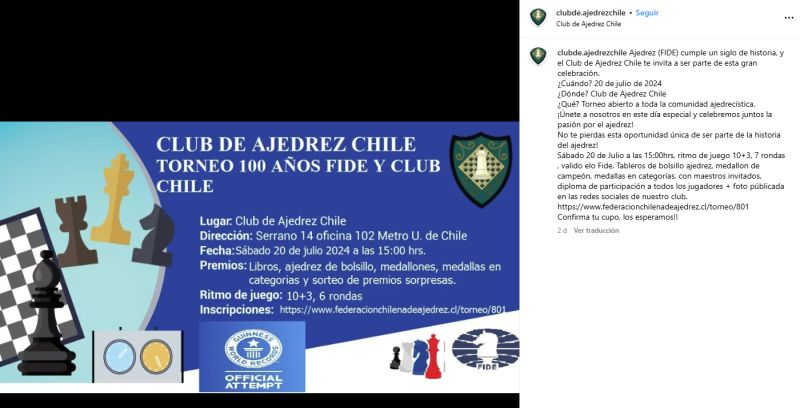 En el día del ajedrez, comparto información de torneo por los 100 años de la FIDE y Club Chile. 

Es hoy, sábado 20 de julio a las 15:00 horas, quizás aún haya cupos disponibles para jugar y ser parte de esta interesante actividad histórica.

federacionchilenadeajedrez.cl/torneo/794